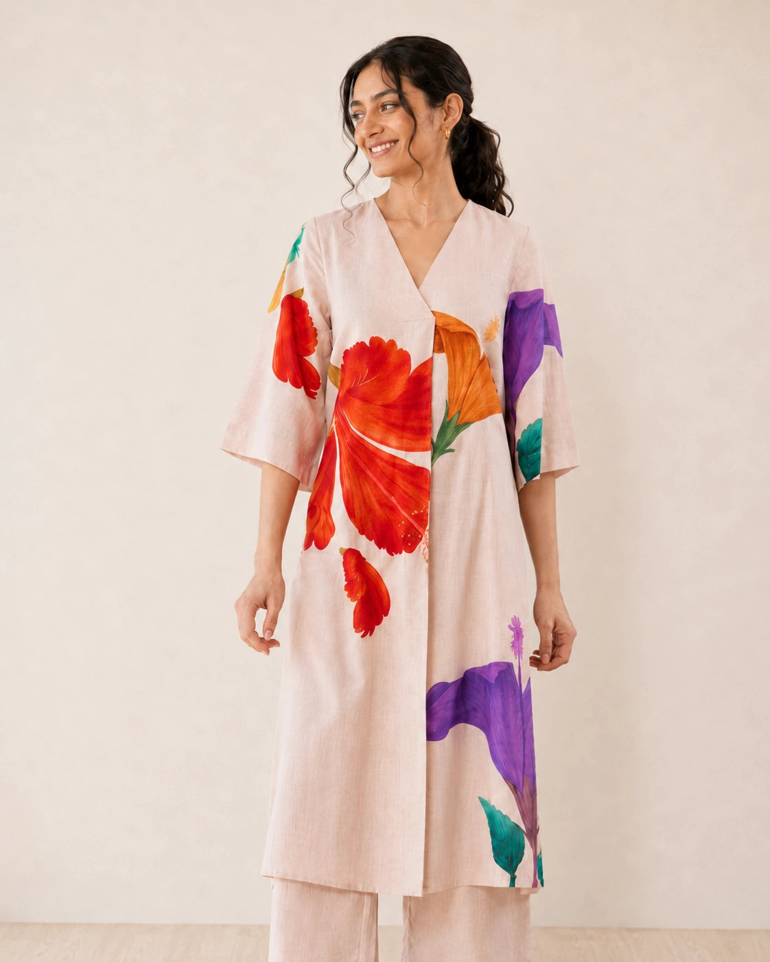 Hibiscus Off White Cotton Kurti Set for Women