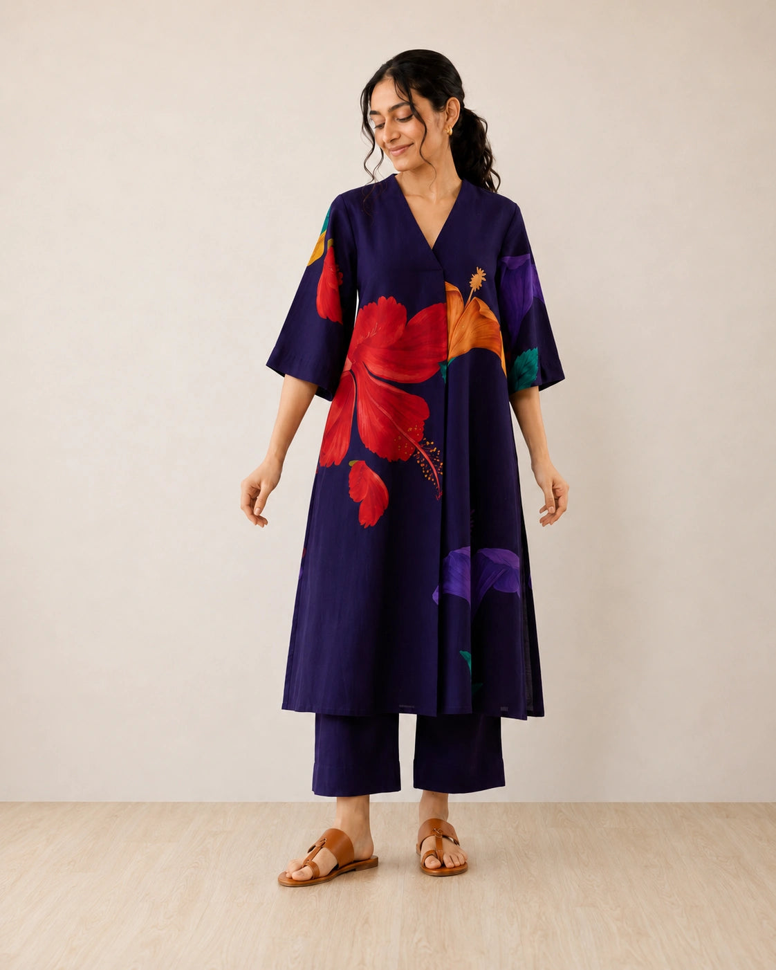 Hibiscus Violet Soft Cotton Kurti Set for Women
