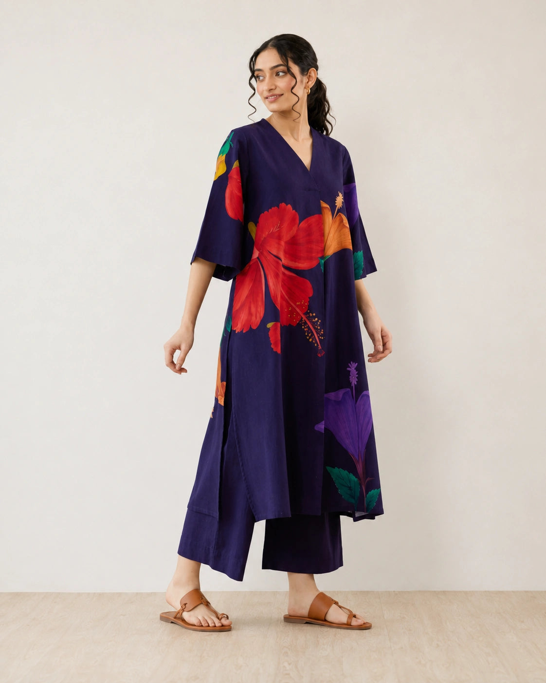 Hibiscus Violet Soft Cotton Kurti Set for Women