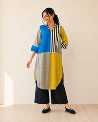 Retro Electric Blue & Ochre Yellow Cotton Kurti Set