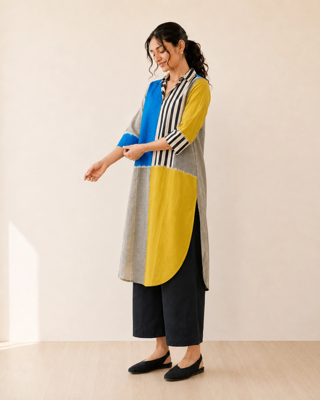 Retro Electric Blue & Ochre Yellow Cotton Kurti Set
