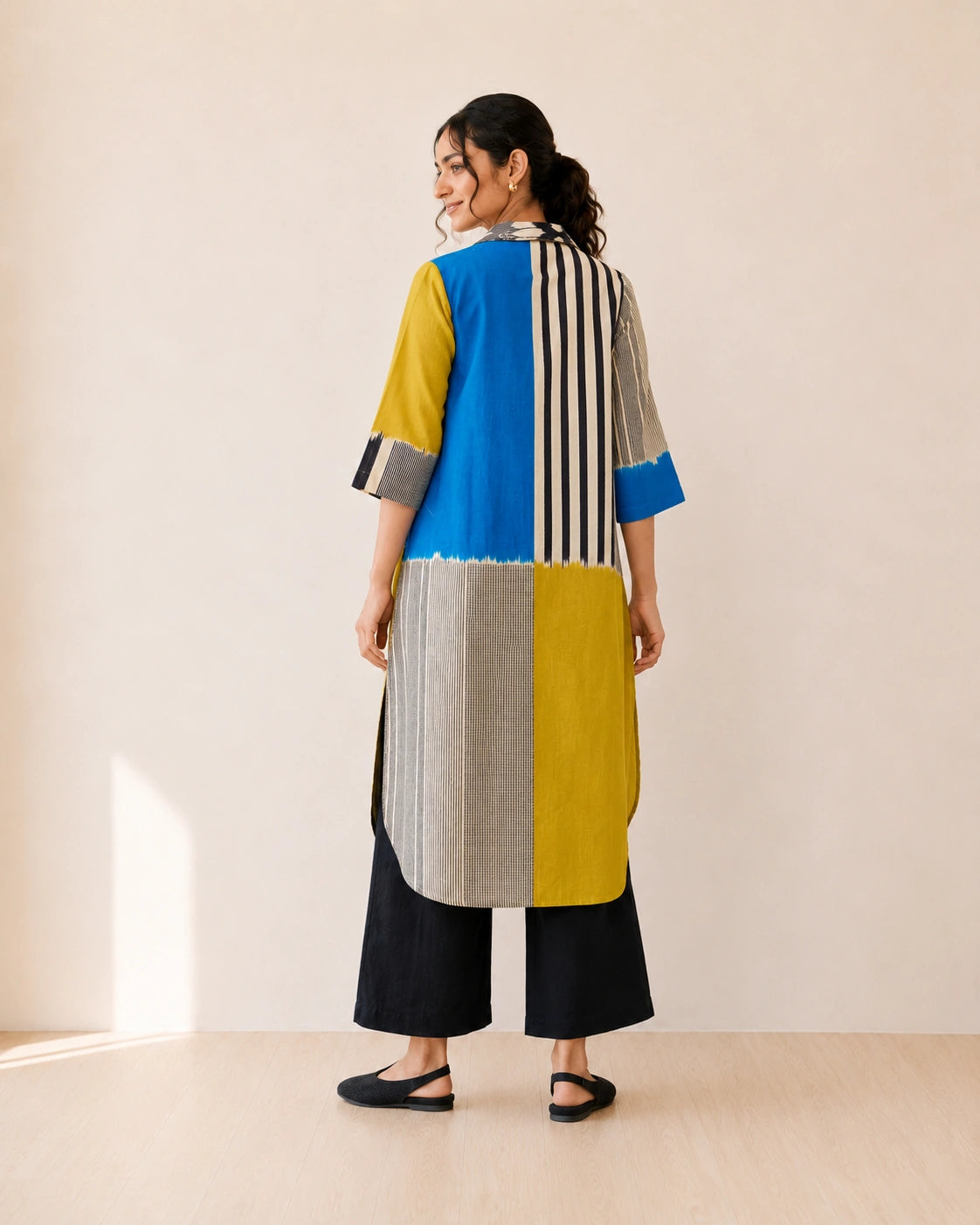 Retro Electric Blue & Ochre Yellow Cotton Kurti Set