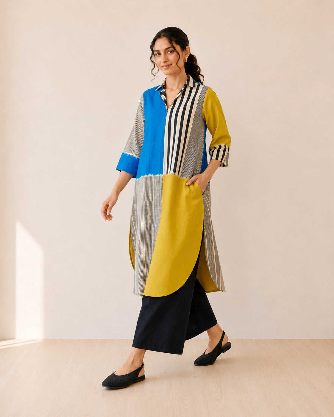 Retro Electric Blue & Ochre Yellow Cotton Kurti Set