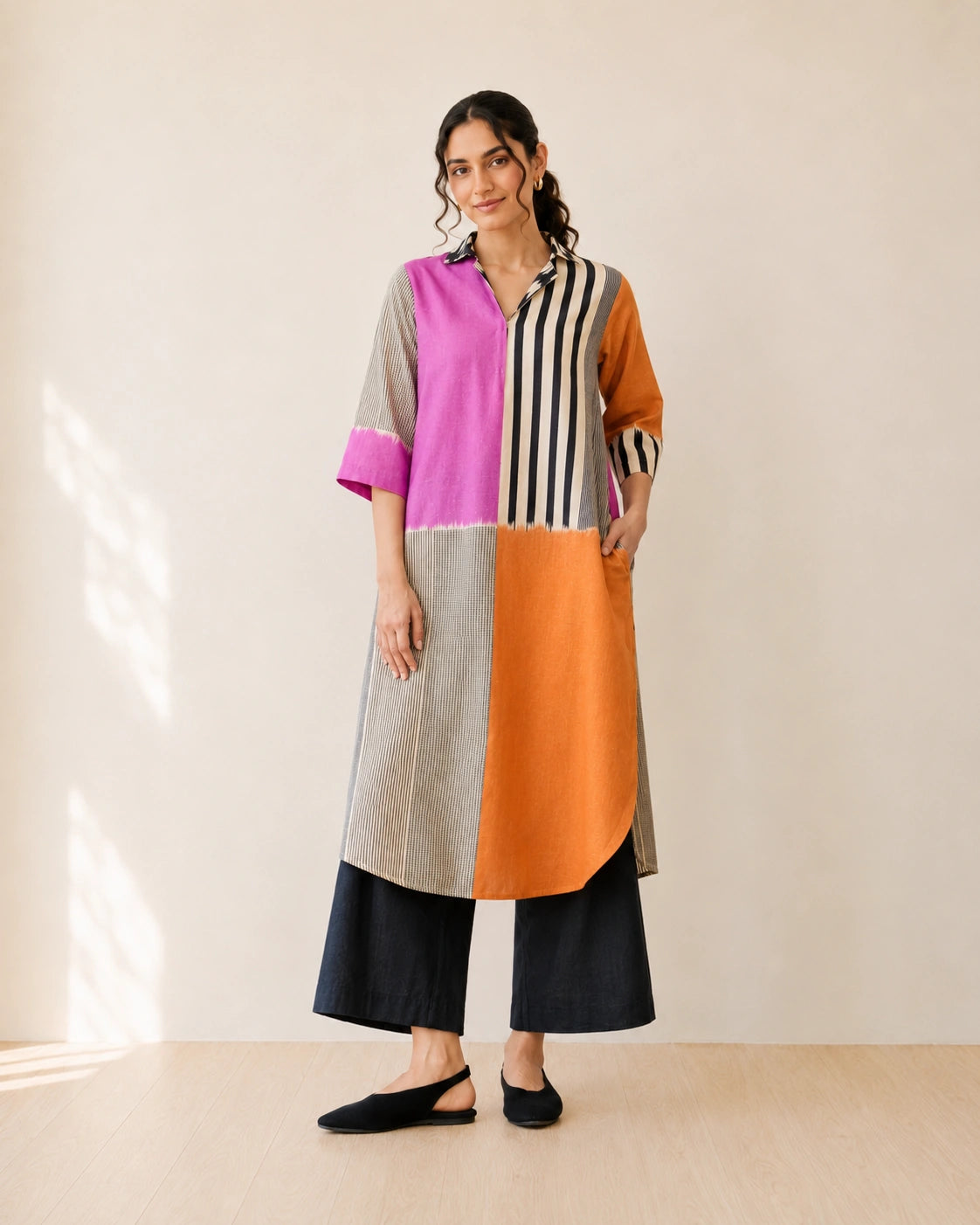 Retro Pink & Tangerine Cotton Kurti Set For Women