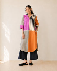 Retro Pink & Tangerine Cotton Kurti Set For Women