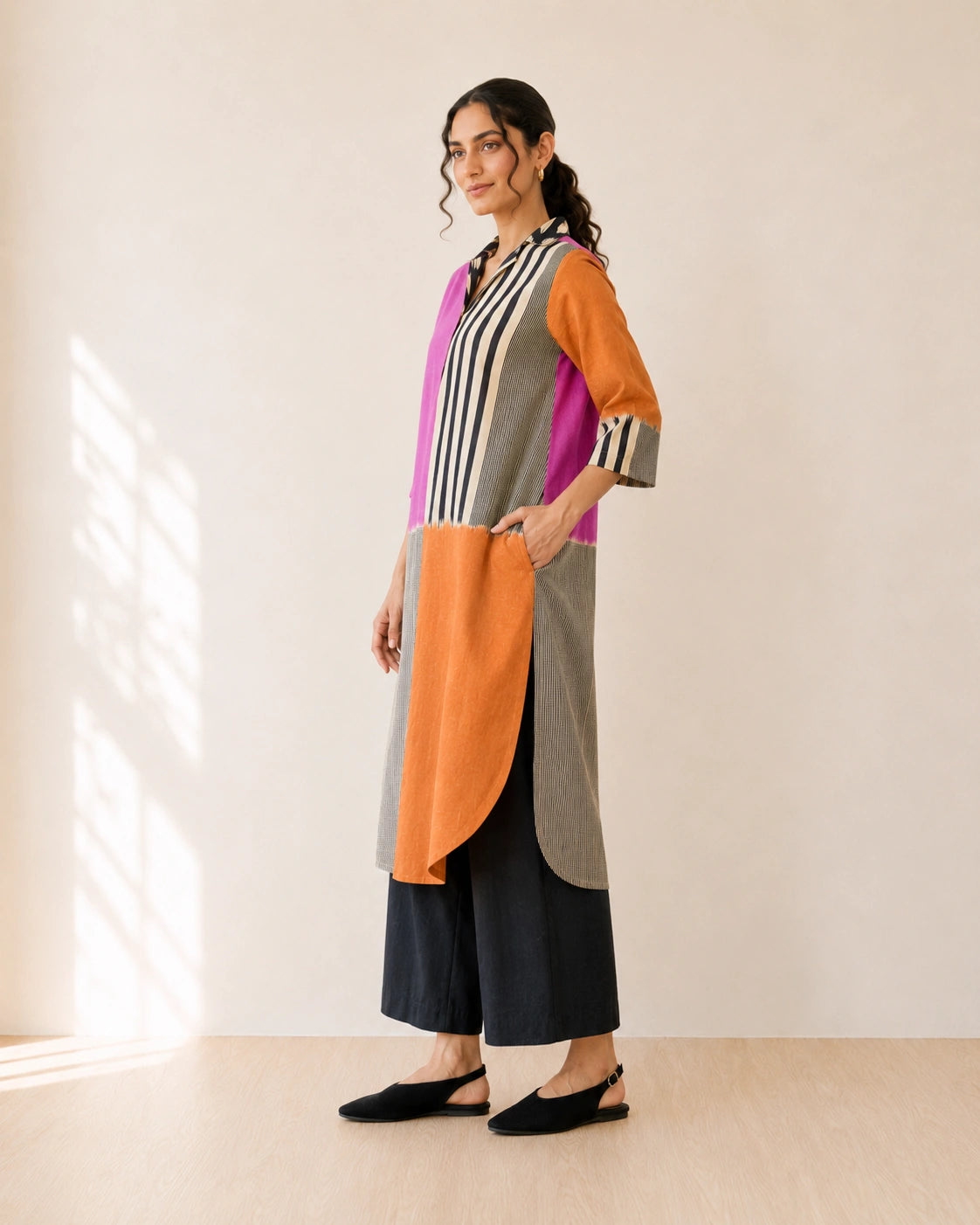 Retro Pink & Tangerine Cotton Kurti Set For Women