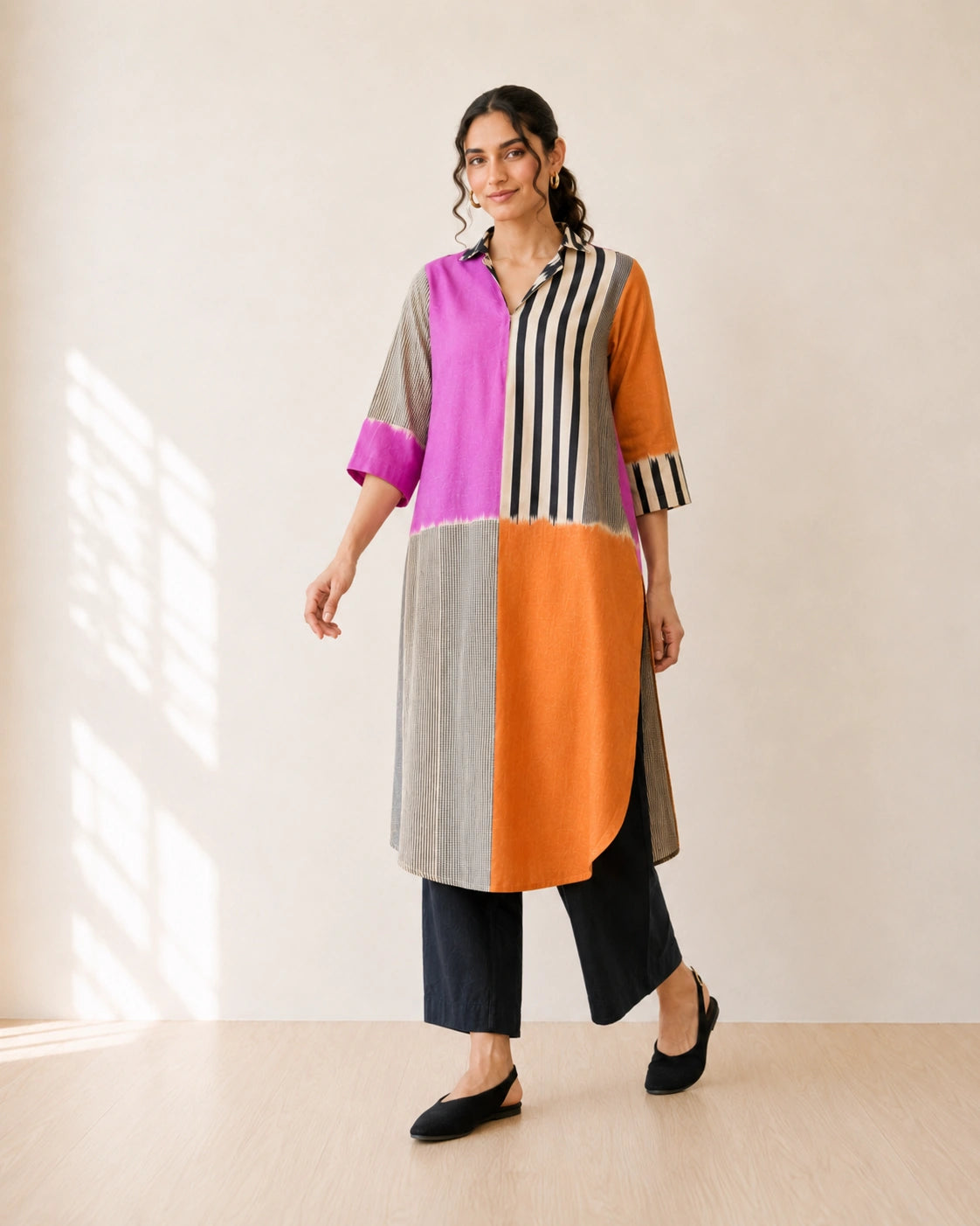 Retro Pink & Tangerine Cotton Kurti Set For Women
