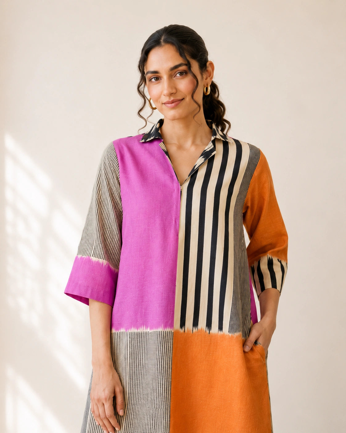 Retro Pink & Tangerine Cotton Kurti Set For Women