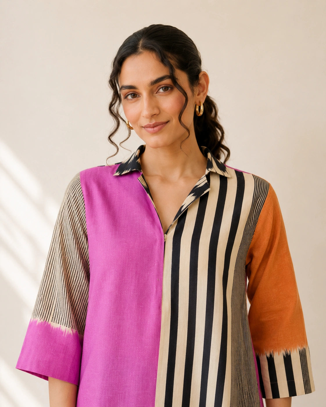 Retro Pink & Tangerine Cotton Kurti Set For Women