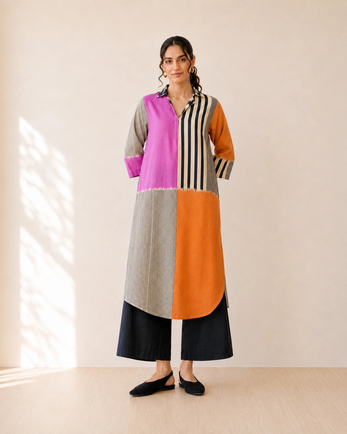 Retro Pink & Tangerine Cotton Kurti Set For Women
