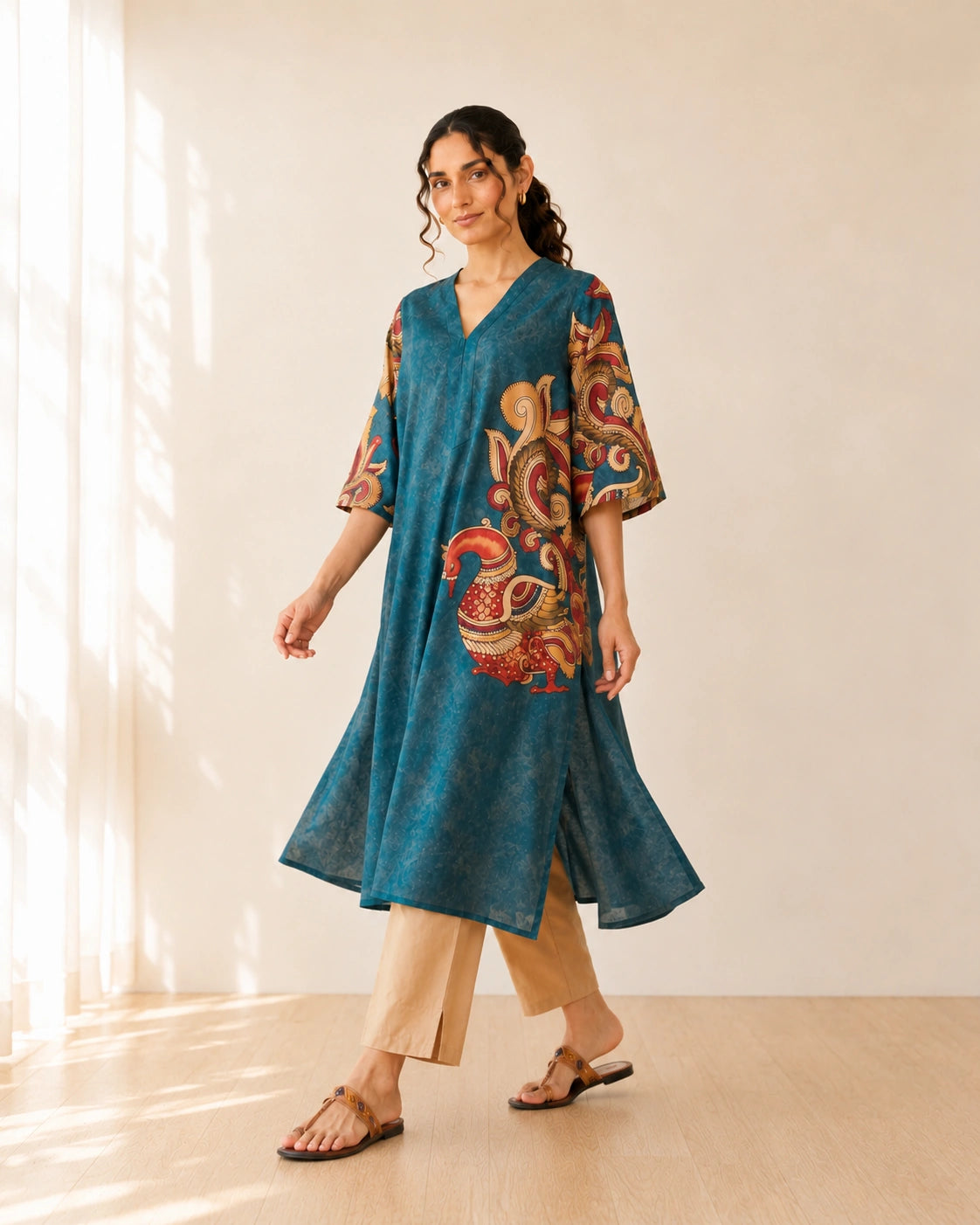 Morni Peacock Blue Cotton Kurti Set for Women