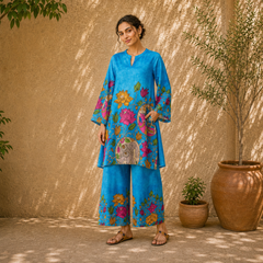 Vrindika Premium Cotton Printed Co-ord Set with Pants – Electric Blue Floral Ethnic Wear