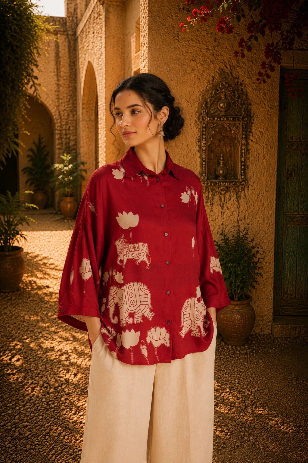 Red Kalamkari Elephant & Lotus Print Oversized Cotton Shirt – Premium Relaxed Fit Ethnic Fusion Top for Women