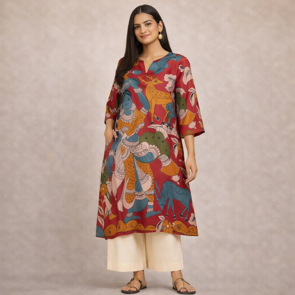 Chitra Kalamkari Print Kurta & Relaxed Pants Set (Rust & Multi-Colored)