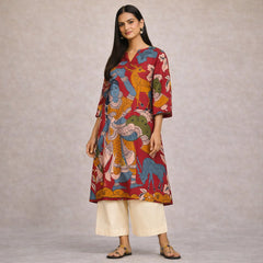 Chitra Kalamkari Print Kurta & Relaxed Pants Set (Rust & Multi-Colored)