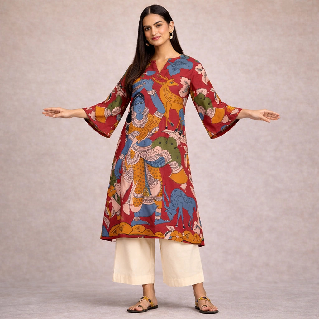 Chitra Kalamkari Print Kurta & Relaxed Pants Set (Rust & Multi-Colored)