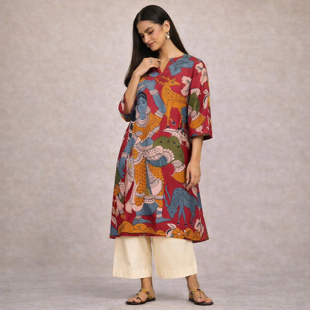 Chitra Kalamkari Print Kurta & Relaxed Pants Set (Rust & Multi-Colored)