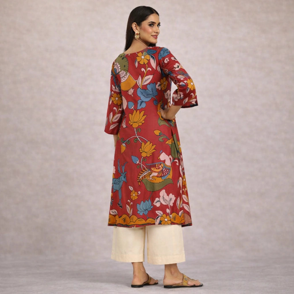 Chitra Kalamkari Print Kurta & Relaxed Pants Set (Rust & Multi-Colored)