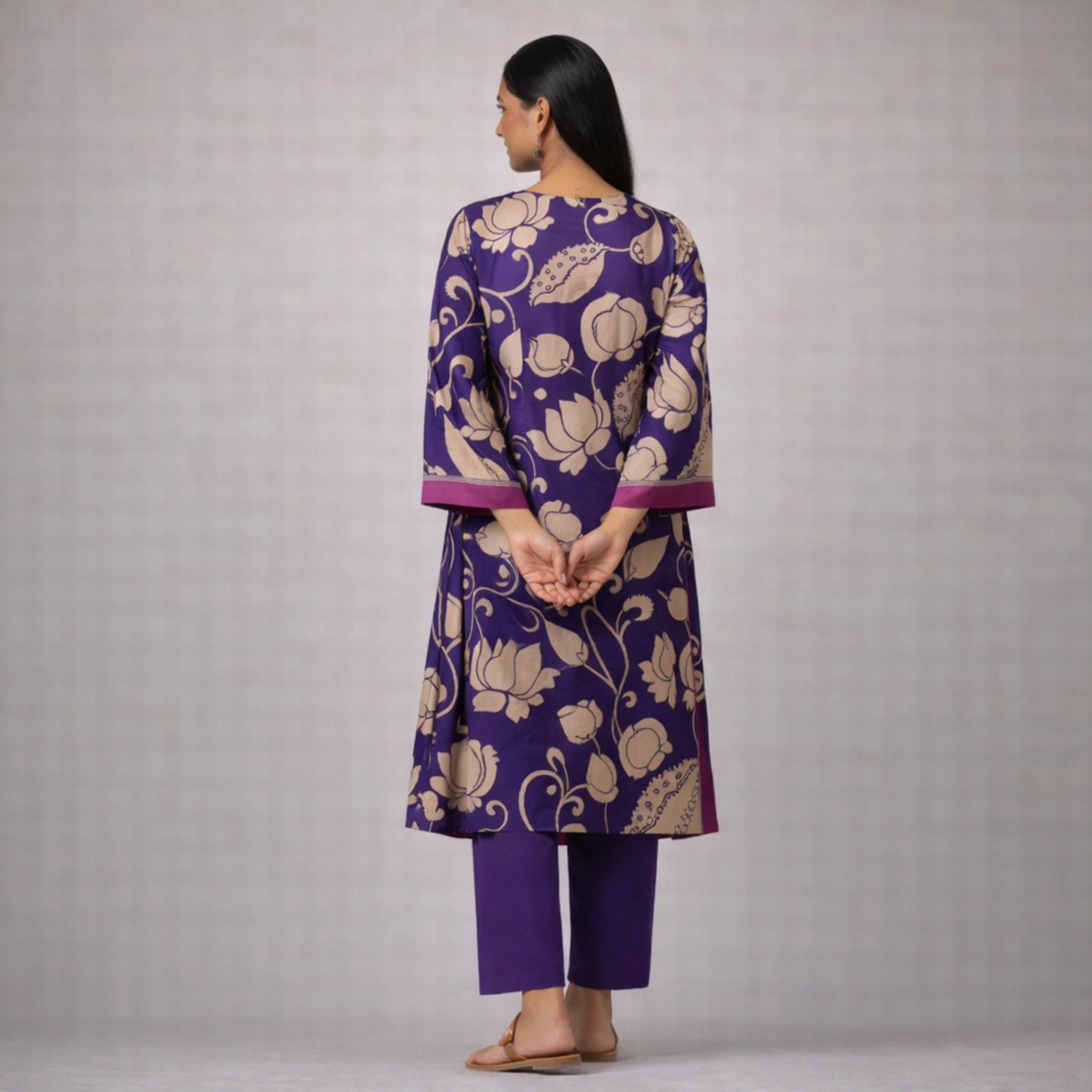 Violet Kalamkari Print Kurta Set with Embroidery - Traditional Ethnic Wear for Women