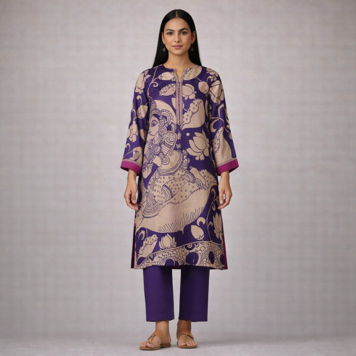 Violet Kalamkari Print Kurta Set with Embroidery - Traditional Ethnic Wear for Women