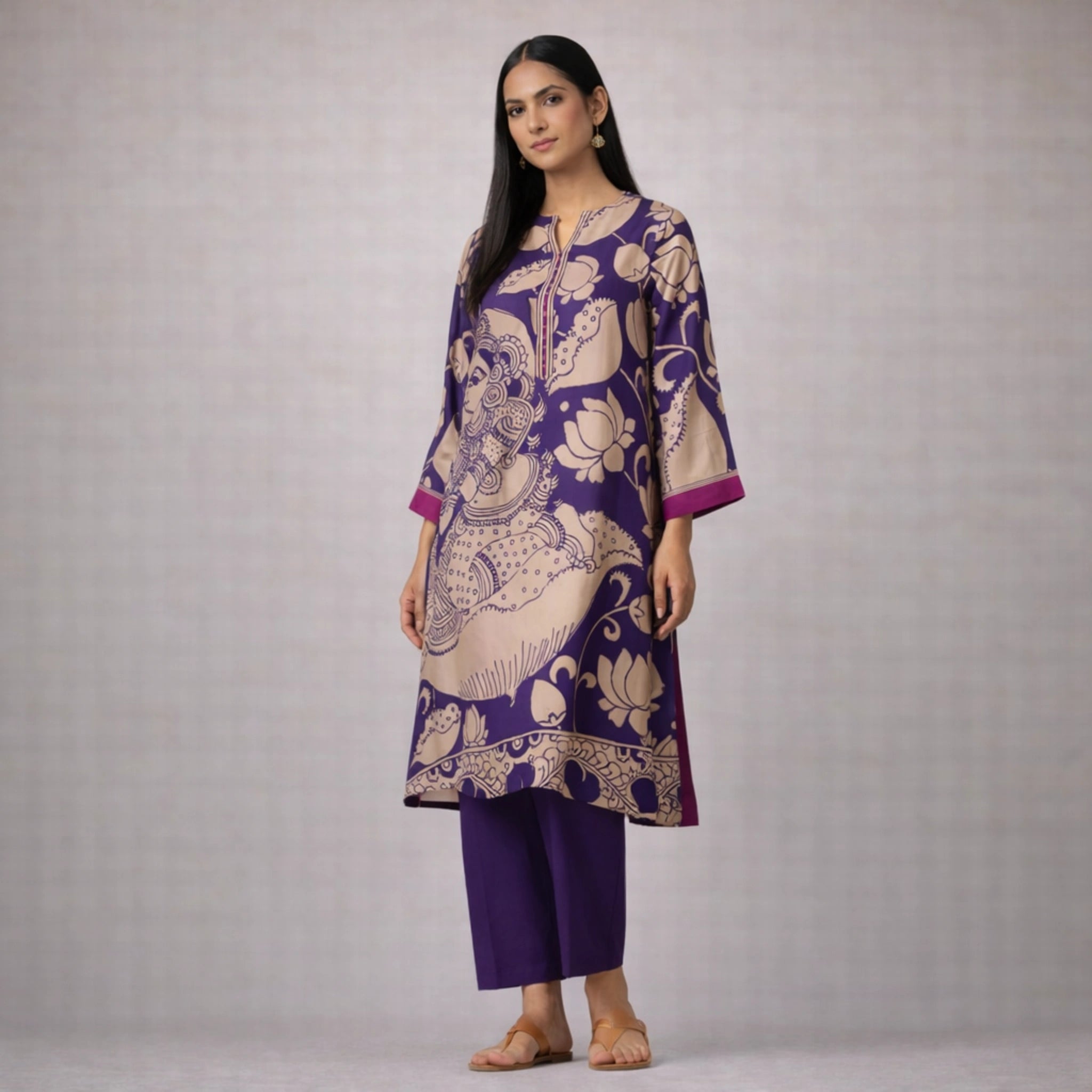 Violet Kalamkari Print Kurta Set with Embroidery - Traditional Ethnic Wear for Women