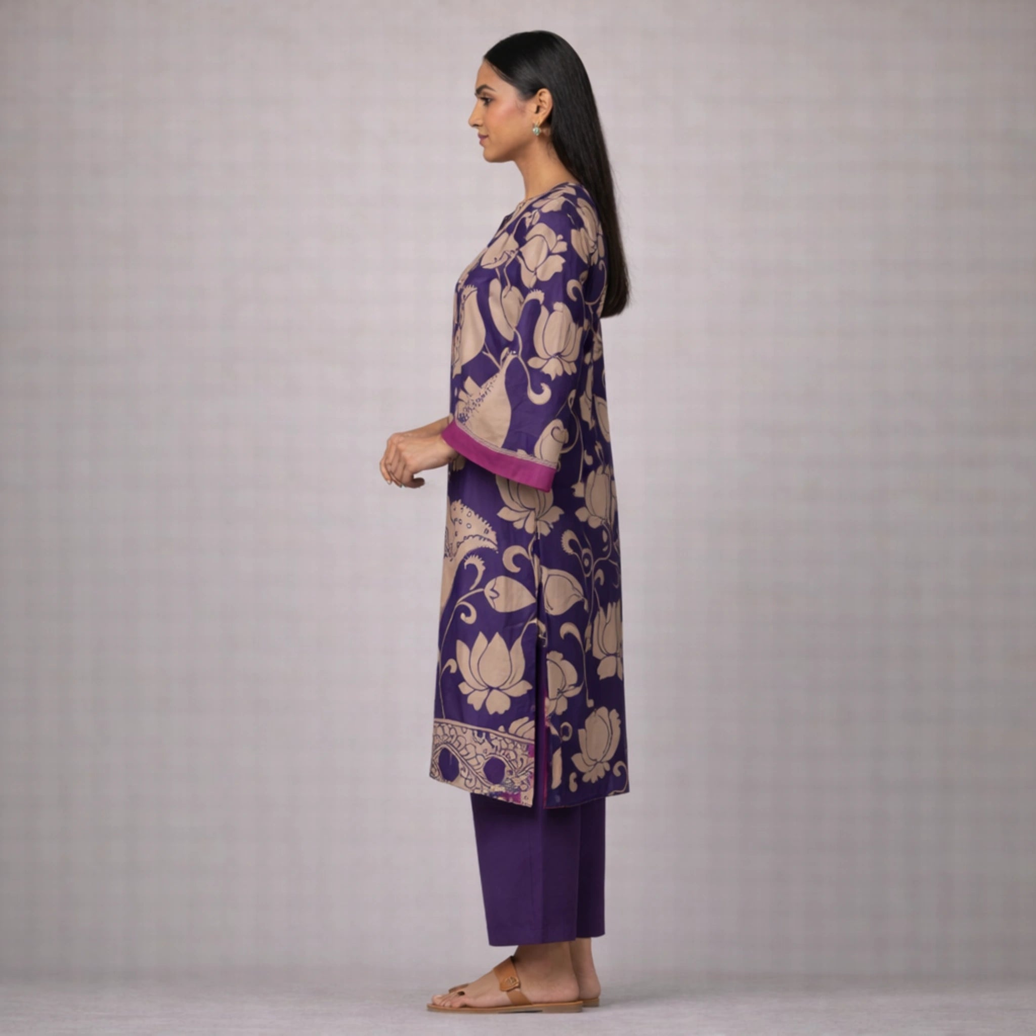 Violet Kalamkari Print Kurta Set with Embroidery - Traditional Ethnic Wear for Women