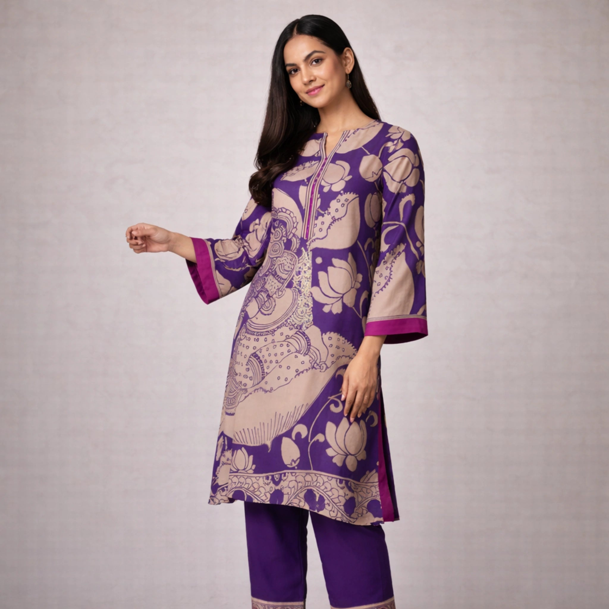 Violet Kalamkari Print Kurta Set with Embroidery - Traditional Ethnic Wear for Women