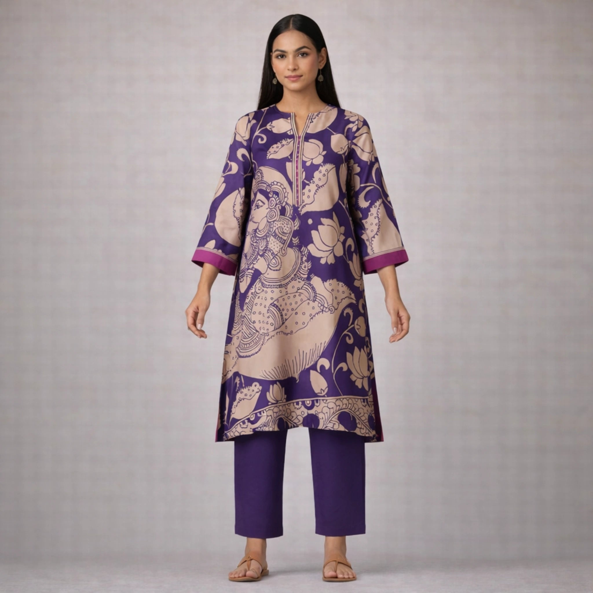 Violet Kalamkari Print Kurta Set with Embroidery - Traditional Ethnic Wear for Women