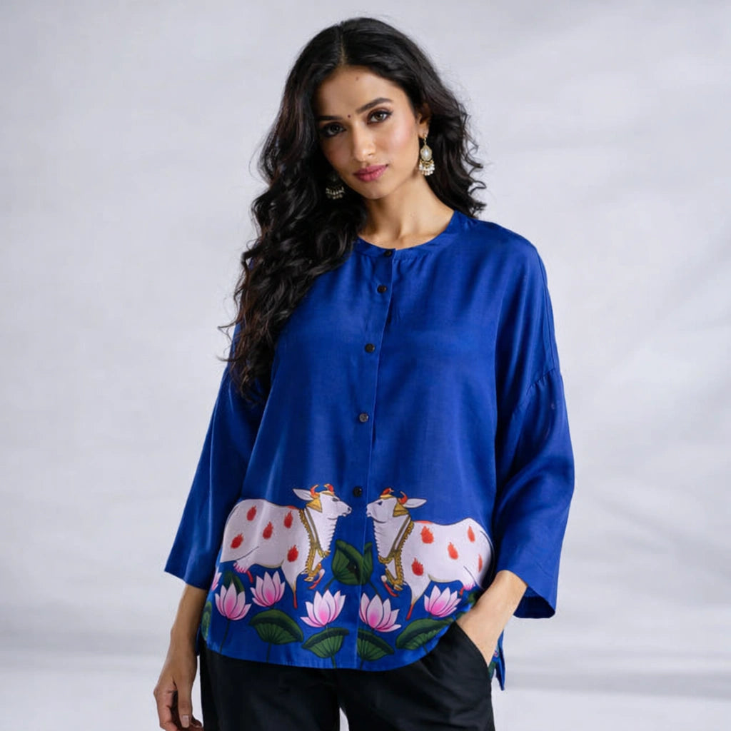 Surbhi Kalamkari Oversized Cotton Shirt for Women – Royal Blue