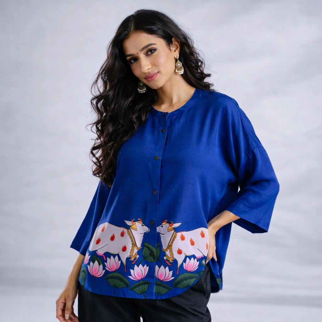 Surbhi Kalamkari Oversized Cotton Shirt for Women – Royal Blue