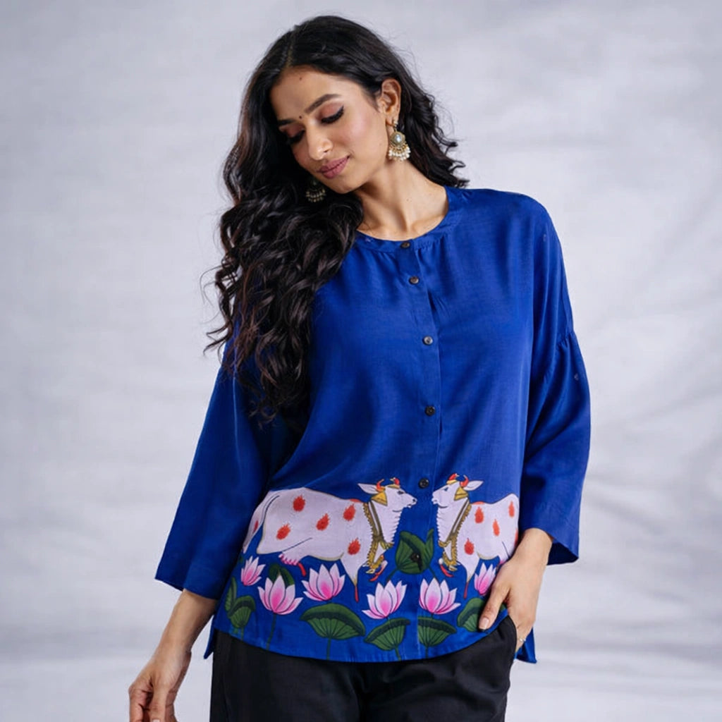 Surbhi Kalamkari Oversized Cotton Shirt for Women – Royal Blue