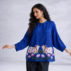 Surbhi Kalamkari Oversized Cotton Shirt for Women – Royal Blue