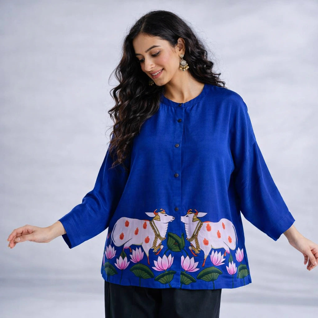 Surbhi Kalamkari Oversized Cotton Shirt for Women – Royal Blue