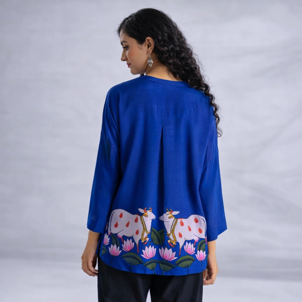 Surbhi Kalamkari Oversized Cotton Shirt for Women – Royal Blue