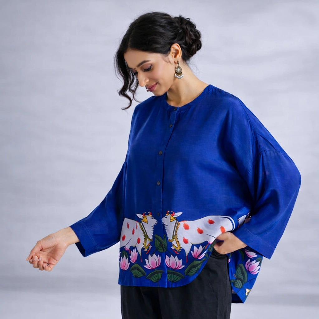 Surbhi Kalamkari Oversized Cotton Shirt for Women – Royal Blue