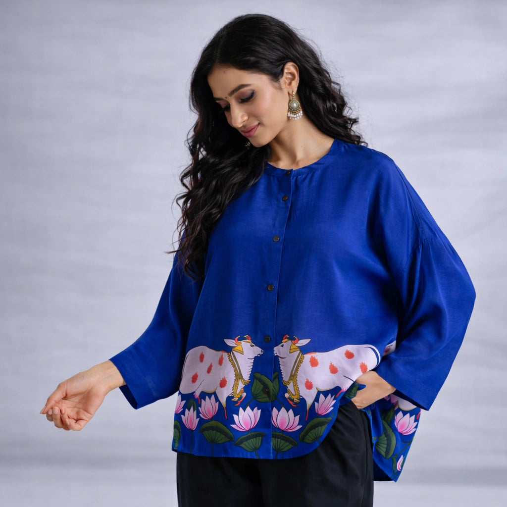 Surbhi Kalamkari Oversized Cotton Shirt for Women – Royal Blue