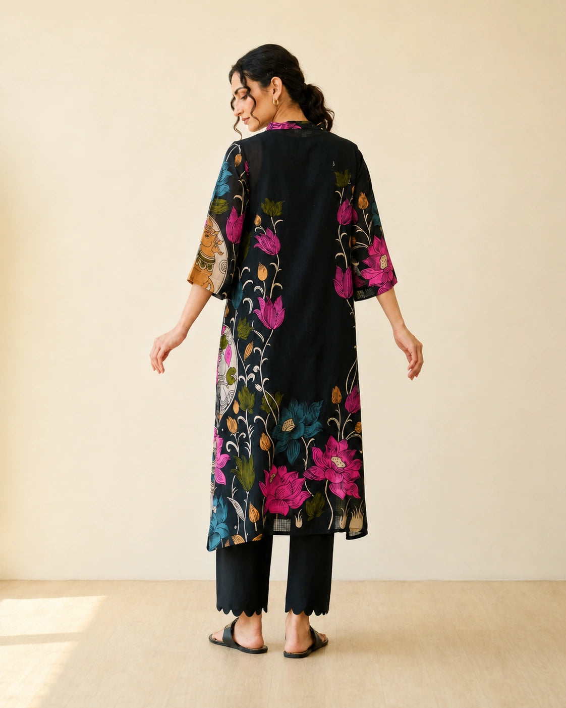 Vrindika Premium Cotton Printed Kurta Set with Pants – Black Floral Ethnic Wear
