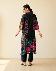 Vrindika Premium Cotton Printed Kurta Set with Pants – Black Floral Ethnic Wear