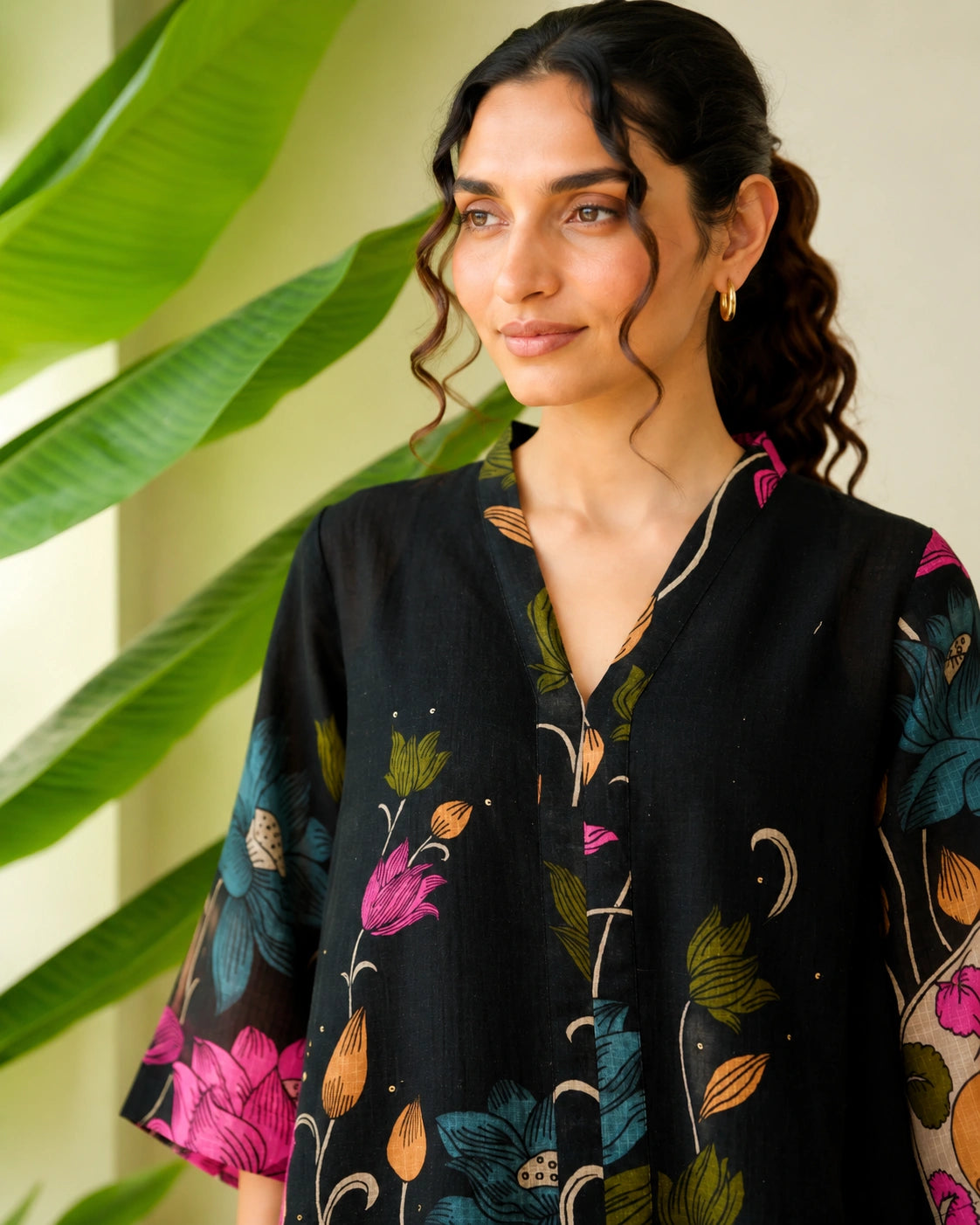 Vrindika Premium Cotton Printed Kurta Set with Pants – Black Floral Ethnic Wear