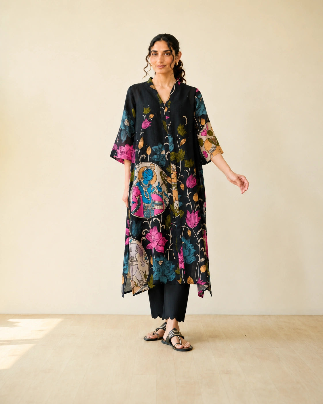 Vrindika Premium Cotton Printed Kurta Set with Pants – Black Floral Ethnic Wear