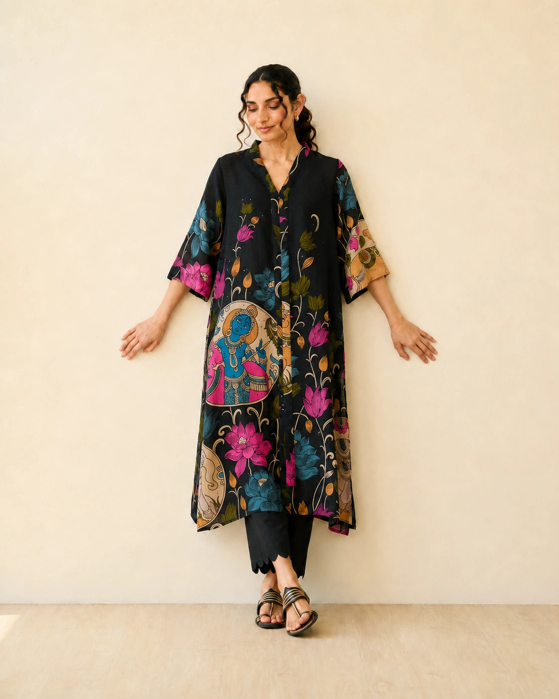 Vrindika Premium Cotton Printed Kurta Set with Pants – Black Floral Ethnic Wear