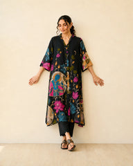 Vrindika Premium Cotton Printed Kurta Set with Pants – Black Floral Ethnic Wear