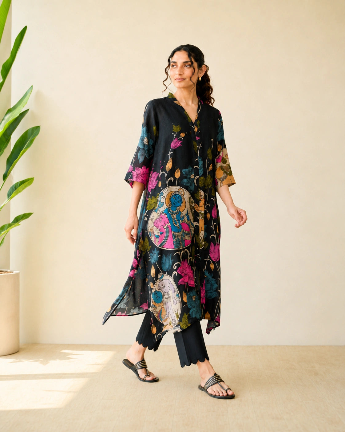 Vrindika Premium Cotton Printed Kurta Set with Pants – Black Floral Ethnic Wear