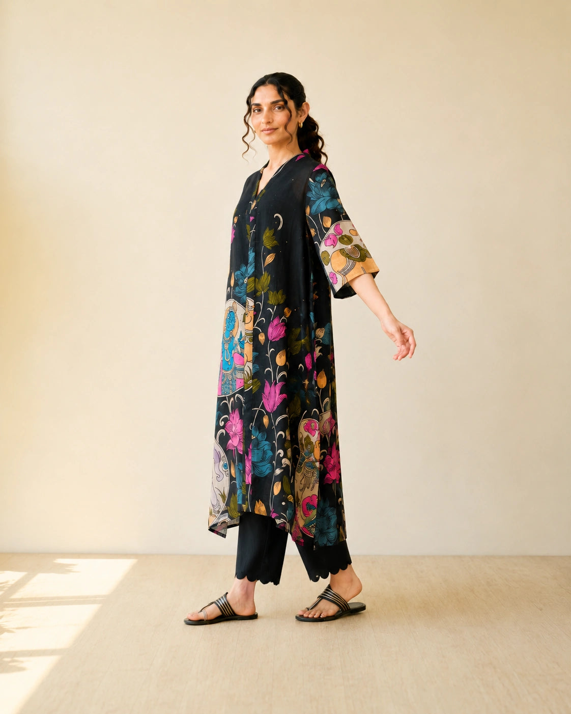 Vrindika Premium Cotton Printed Kurta Set with Pants – Black Floral Ethnic Wear