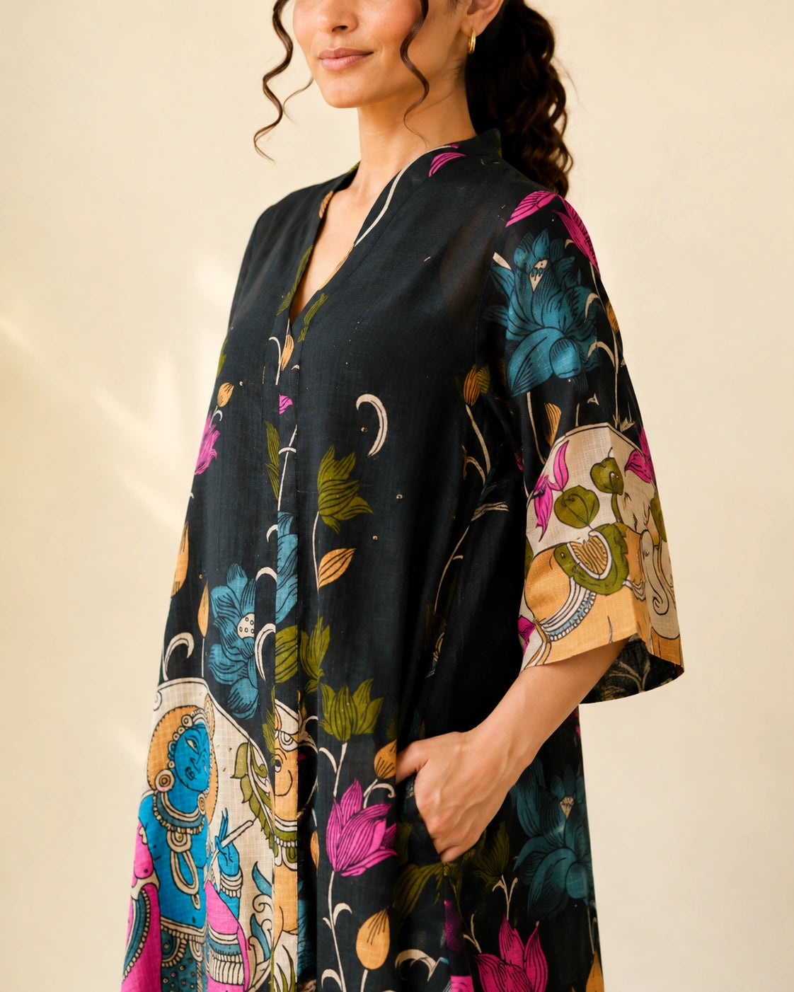 Vrindika Premium Cotton Printed Kurta Set with Pants – Black Floral Ethnic Wear