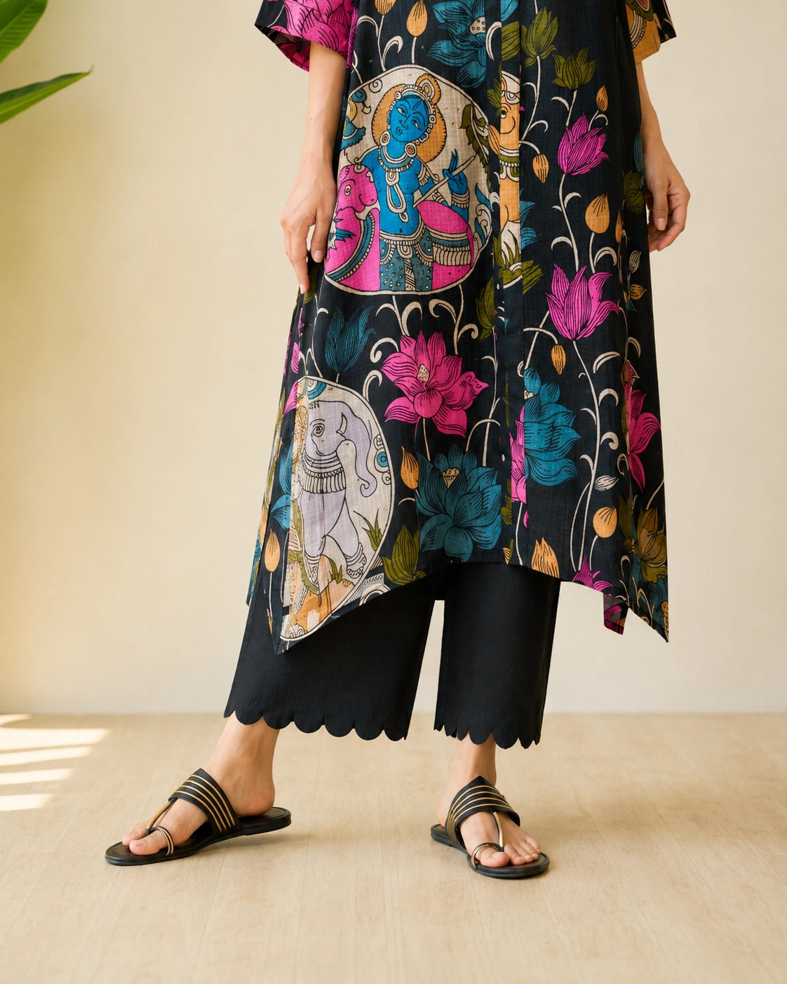 Vrindika Premium Cotton Printed Kurta Set with Pants – Black Floral Ethnic Wear