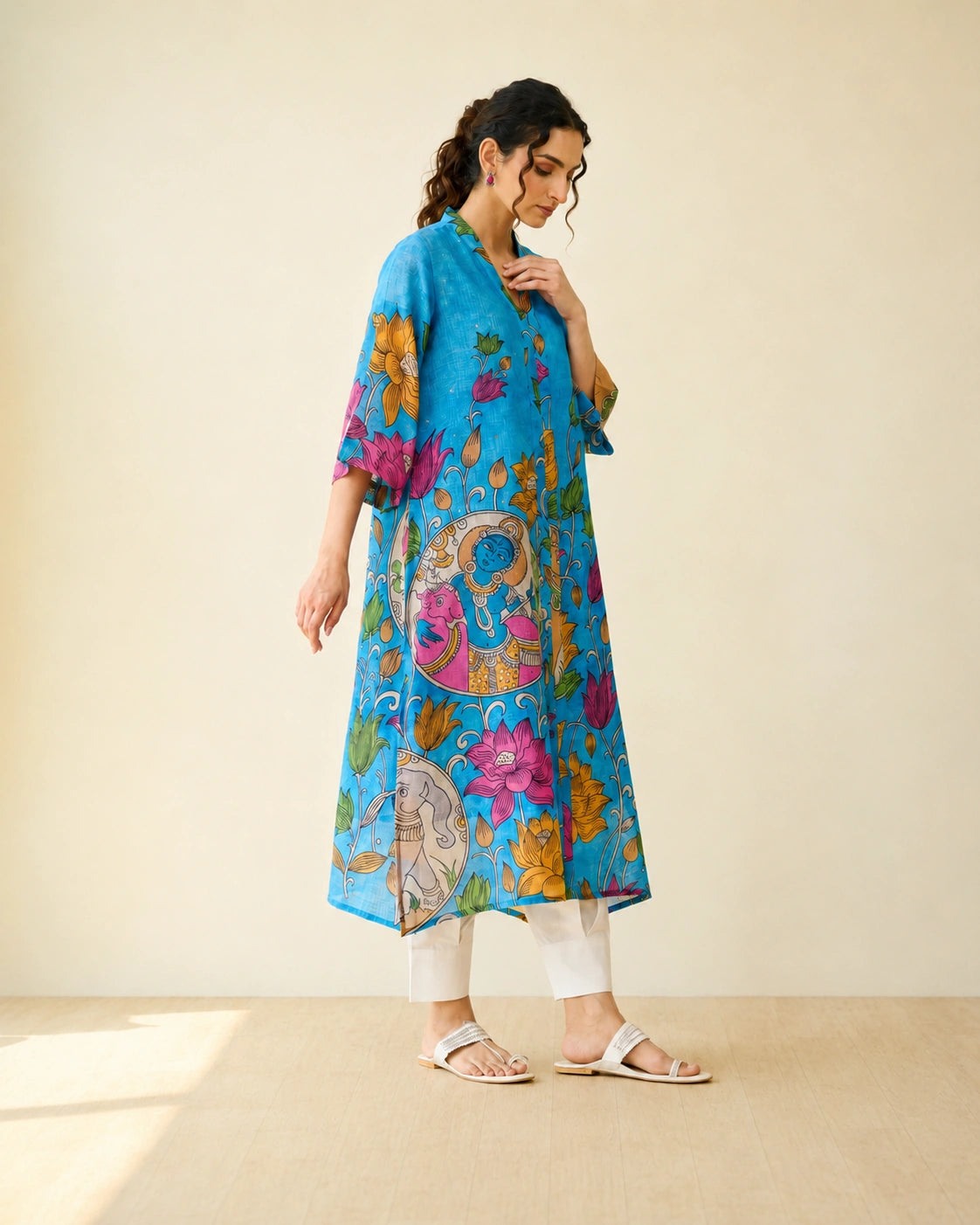 Vrindika Premium Cotton Printed Kurta Set with Pants – Electric Blue Floral Ethnic Wear