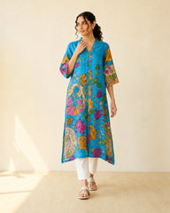 Vrindika Premium Cotton Printed Kurta Set with Pants – Electric Blue Floral Ethnic Wear