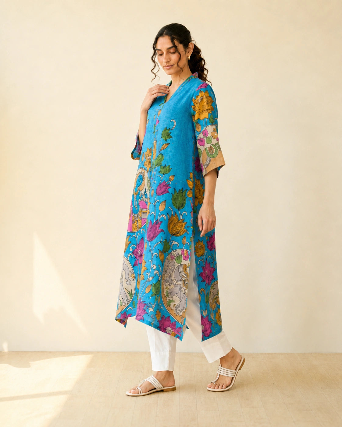 Vrindika Premium Cotton Printed Kurta Set with Pants – Electric Blue Floral Ethnic Wear
