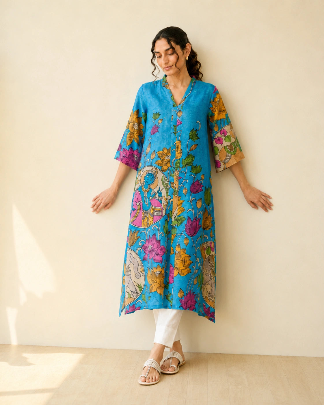 Vrindika Premium Cotton Printed Kurta Set with Pants – Electric Blue Floral Ethnic Wear